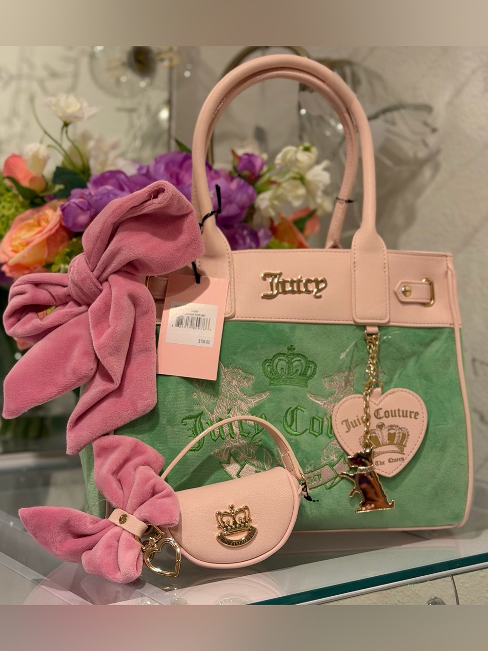 Juicy Couture Green daydreamer tote satchel Shoulder Bag Y2K Scottie dogs charm